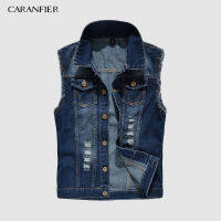 CARANFIER Mens Denim กางเกงยีนส์เสื้อกั๊ก Ripped พู่กระเป๋าเสื้อแขนกุด6XL ฤดูใบไม้ผลิชาย Streetwear คาวบอยเสื้อกั๊ก Jackets