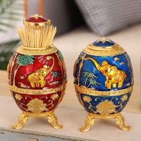 Automatic Toothpick Box Alloy Blue Vintage Elephant Organizer Holder Toothpick Dispenser Box Egg Shape Home Desktop Decoration