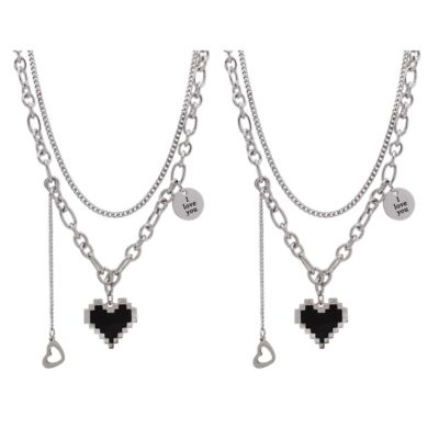 【CW】2pcs Imitation White Gold Necklace Ladies Bouncy Hip Hop Style Mosaic Love Heart Alloy Round Piece Pendant Jewelry