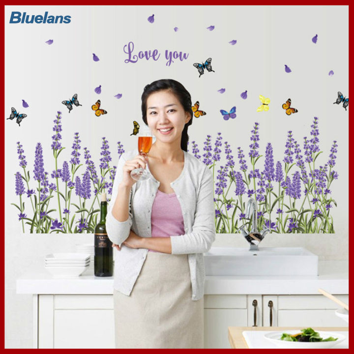 bluelans-สติ๊กเกอร์ติดผนังบ้านตกแต่งผนัง-ลายดอกไม้ลาเวนเดอร์ผีเสื้อสวย