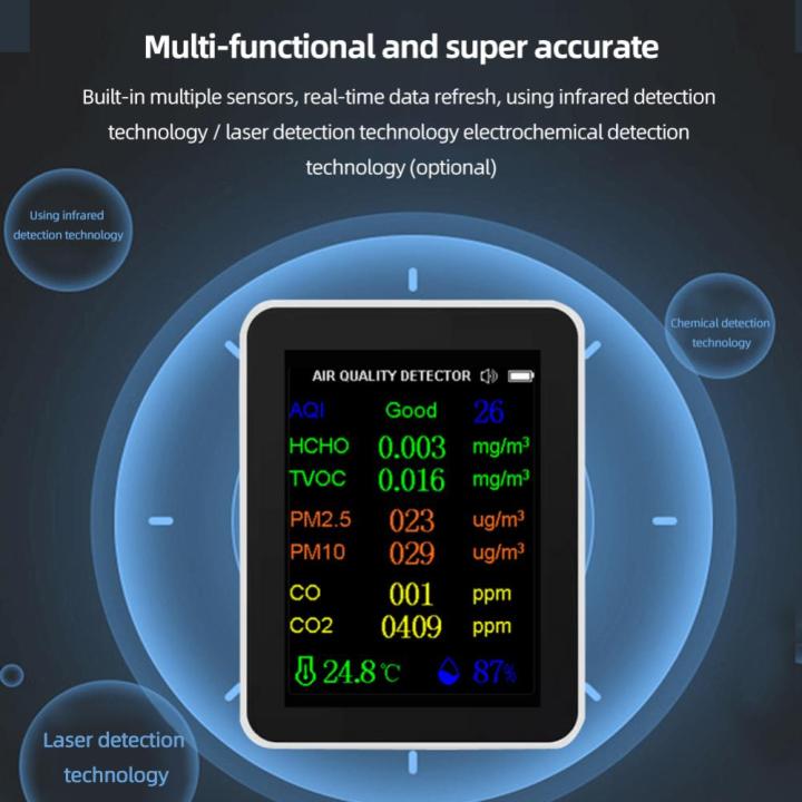 9in-เครื่องวัดความชื้นและอุณหภูมิดิจิตอลมัลติฟังก์ชัน1เครื่องตรวจวัดฟอร์มัลดีไฮด์เครื่องวัด-pm10-m2-5เอฉีเครื่องวัด-co2โครเมอร์แบบ-hcho-tvoc-สำหรับบ้าน-สำนักงาน-โรงเรียน-คลังสินค้า