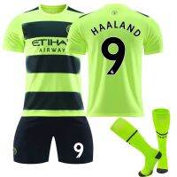 เสื้อกีฬาแขนสั้น ลายทีม Manchester City Second Away 2223 สีเขียวเรืองแสง ถุงเท้า 9 Harland 17 Debrad 47 Forden Belt Original 74V9