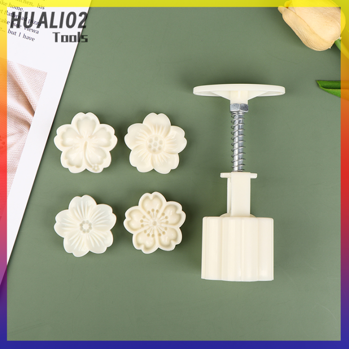 huali02แม่พิมพ์ดอกไม้เชอร์รี่แม่พิมพ์ขนมไหว้พระจันทร์3d-เครื่องมืออบอาหารแบบกดด้วยมือ4ชิ้น-ชุด