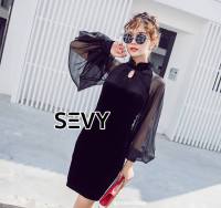 Sevy Chinese Neck Mesh Sleeve Velvet Dress