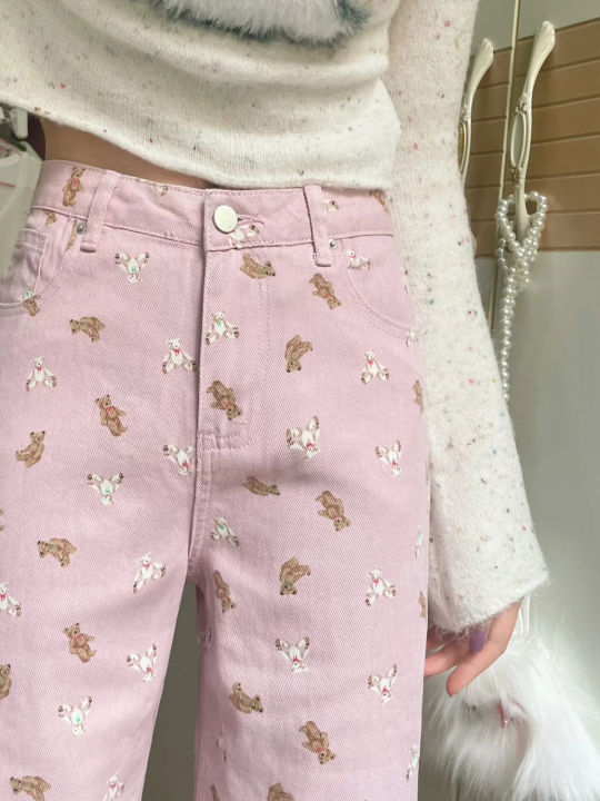 เสื้อคลุมสีชมพู-ลายหมี-กางเกงยีนส์ขาบานผู้หญิงฤดูร้อนเอวสูงกางเกงทรงตรงบางกางเกงถูพื้นแบบลำลอง
