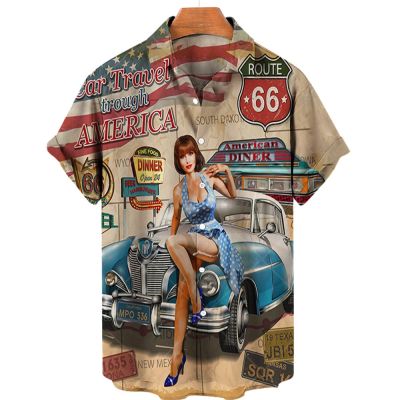 Route 66เสื้อฮาวายแฟชั่นสำหรับผู้หญิงสำหรับผู้ชาย,เสื้อเบลาส์แขนกางเกงขาสั้นลำลองชายหาดเสื้อคอปกเสื้อลายพิมพ์3มิติสไตล์อเมริกัน