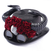 Steampunk Hat With Detachable Goggles Black Polyester Vintage Top Hat Horns Halloween Gothic Hat Skull For Cosplay Party