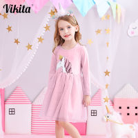 VIKITA Girls Unicorn Vestidos Girls Long Sleeve Dress Kids Party Voile Dress Children Licorne Autumn and Winter Dresses LH4577