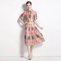 Women Dress Spot Real  Elegant Short Sleeve  Vintage Printed Midi Dress