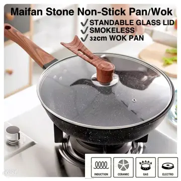 24cm-34cm Non Stick Deep Frying Pan Wok With Glass Lid Gas Electric  Induction