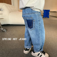 Childrens pants boys and girls 2023 spring one button stone washed jeans baby Korean style straight pocket trousers fashion