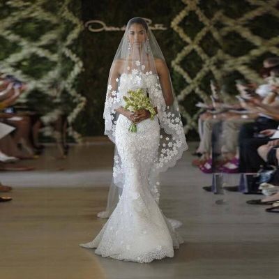 Mantilla ดอกไม้3D ผ้าคลุมหน้าเจ้าสาวม่านคลุมแต่งงานยาวอุปกรณ์เสริมสำหรับงานแต่งงาน Appliques ด้วยดอกไม้ลูกไม้