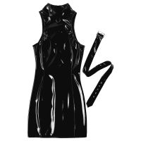 Womens Sexy Clubwear Rave Cocktail Party Sleeveless Dress Wet Look Leather Back Zipper Closure Bodycon Mini Dress with Belt