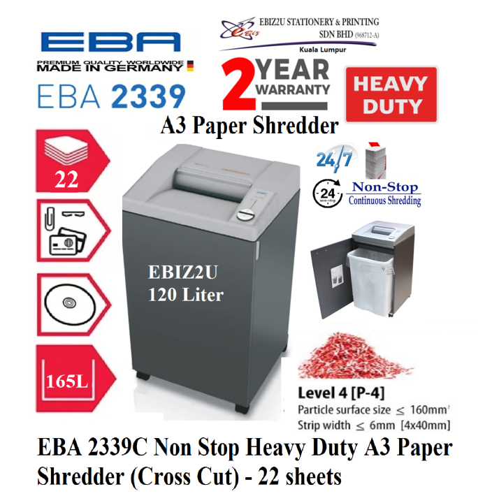 Eba 2339 C Non Stop Heavy Duty A3 Paper Shredder Cross Cut 22