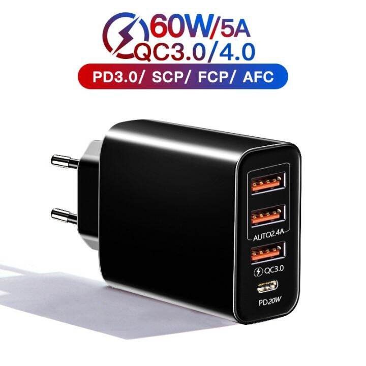 ที่ชาร์จ-usb-type-c-60w-ชาร์จเร็ว3-0โทรศัพท์มือถือ4พอร์ตอะแดปเตอร์ชาร์จในรถยนต์-pd-เร็วติดผนังสำหรับ13-12-pro-max