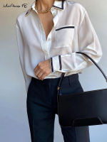 Mnealways18 White Chiffon Elegant Womens Shirts Chic Lapel Long Sleeves With Pocket Blouses Spring 2022 Ladies Office Trend Tops