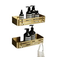 ☂☇ Brushed Gold Aluminum Bathroom Hardware Shelf With Hooks Shower Gel Rack Shampoo Caddy Holder Wall Mounted Nail Punched Basket