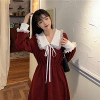 Vintage Dress Women Sweet Lace Peter Pan Collar French Elegant Long Sleeve Lace-Up Fairy One Piece Dress Korean 2021 Autumn Chic