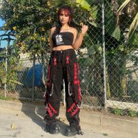 Punk Wide Leg Y2K Pants Streetwear Low Rise Baggy Gothic Cargo Chain Straight Hip Hop Patchwork Casual Trousers Women Harajuku