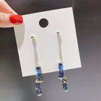 2022 new geometric blue column long crystal earrings charm women 39;s all-match accessories