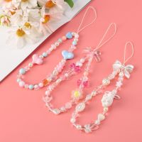 Korean Cute Charm Bear Love Heart Bowknot Phone Chains For iPhone Women Girls Jewelry Strap Beaded Lanyard Hanging Cord Bracelet Phone Charms