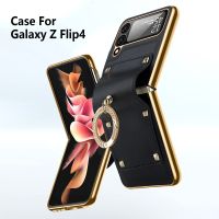 [Woo Fashion Case] สำหรับ Samsung Galaxy Z Z Flip 4 3 5G เคสหนังชุบผิวเรียบ Flip3ที่ใส่แหวนชุบ Flip4พร้อมฝาฟิล์มกระจกติดเลนส์