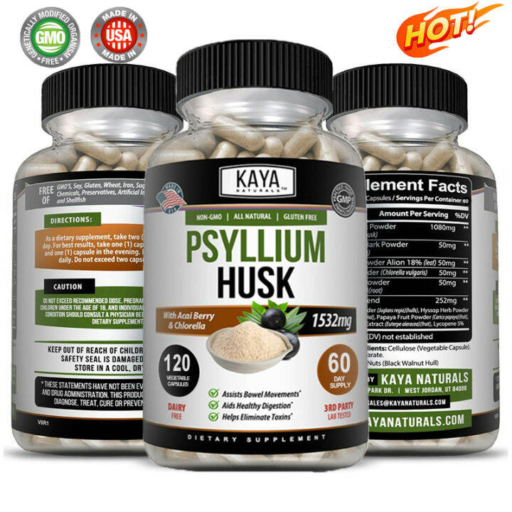Psyllium Husk Capsules Organic Fiber Supplement 120 Capsules of
