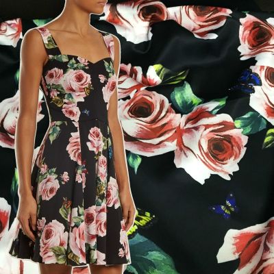 Italian Luxury Brand 100 Polyester Black Hand-painted Rose Print Fabric for Dresses Skirts Fabrics by Meter Sewing Material