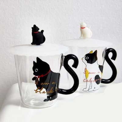 【High-end cups】250มิลลิลิตรน่ารักแมวดำแก้วแก้วกาแฟชุดด้ามจับสัตว์รูปนมน้ำผลไม้แก้วถ้วยชาสไตล์ญี่ปุ่น Kawaii ของขวัญบ้าน