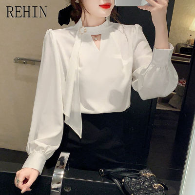 REHIN เสื้อแขนยาวผู้หญิง2023,การออกแบบที่ไม่เหมือนใครใหม่ฤดูใบไม้ร่วงสีขาวเสื้อเชิ้ตสง่างามสไตล์ฝรั่งเศส