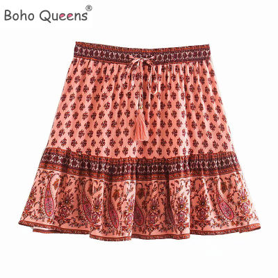 Boho Queens Happie Women Floral Print Beach Bohemian Skirt High Elastic Waist Rayon A-Line Mini Skirts Femme