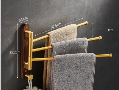 Tuqiu Swivel Towel Hanger Brushed Gold Wood Towel Bar Wall Mounted Folding Bathroom Towel Rail Rack Bathroom Towel Holder