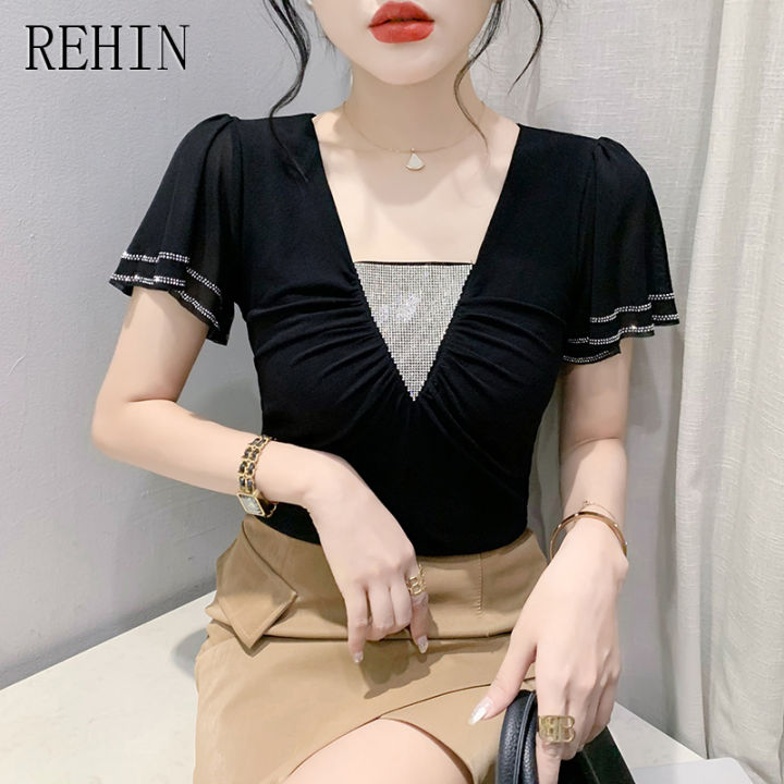 rehin-เสื้อผู้หญิงมาใหม่เสื้อยืดแขนสั้นผ้าชีฟองสองชั้นประดับเพชรแบบดั้งเดิม