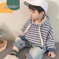 WANDER เสื้อแขนยาวโสด เสื้อมีฮู้ดเด็กชาย  ดีไซน์ลายทางแฟชั่นเกาหลี เสื้อฮู้ดแขนยาวผ้าฝ้ายสำหรับเด็กผู้ชาย23829