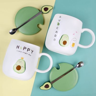 【High-end cups】 ใหม่อะโวคาโดแก้วกาแฟเซรามิกตลกถ้วยแก้วสร้างสรรค์สีแก้วทนความร้อนที่มีฝาปิด400มิลลิลิตรเด็กโฮมออฟฟิศ Drinkware ของขวัญ