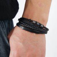 【A HOT】แฟชั่นสแตนเลสสีดำสำหรับผู้ชาย Magnetic Braided Punk Cuff