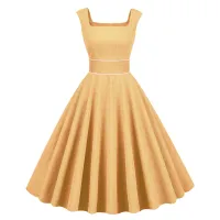 Sishion Square COLLAR R VINTAGE PIN UP Dress สีเหลือง VD2843 A Line ผู้หญิงฤดูร้อนชุดฤดูร้อนสุภาพสตรี