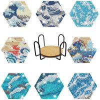 8pcs DIY Scenery Diamond Painting Coaster Special-Shaped Drill Point Drill Wood Coaster Cup Cushion with Rack Gifts Art Craft