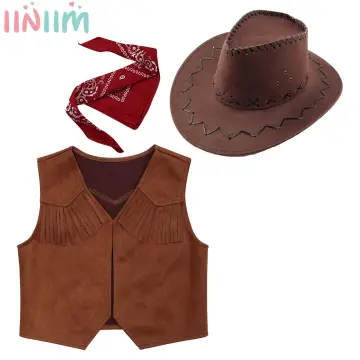 Fringe Vests Cowgirl Outfits for Women Faux Suede Tassels 70s Hippie Clothes Vest Jacket Western Cowgirl Hat Cowboy Hat