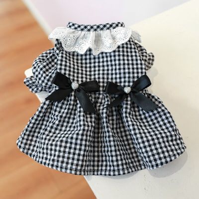 1PC Pet Apparel Dog Spring/Summer Dark Blue White Plaid Princess Dress Pearl Bow Lace Short Skirt For Small Medium Dogs Dresses