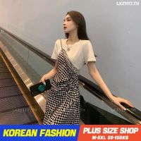 Plus size เสื้อผ้าสาวอวบ❤ เดรสสาวอวบอ้วน ไซส์ใหญ่ ผู้หญิง เดรสเสื้อยืด ยาว แขนสั้น คอกลม ลายสก็อต แยก ฤดูร้อน สไตล์เกาหลีแฟชั่น V728