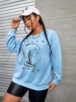 Yuisle Womens Casual Ladies Comfort Plus Size Sweatshirt Plus Skeleton &amp; Moon Print Drop Shoulder Sweatshirt Leisure Perfect Comfortable Eye-catching (Color : Baby Blue, Size : X-Large)