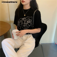 (40-75KG) IRENASTORY เสื้อยืดสำหรับผู้หญิงเสื้อยืดผ้าฝ้ายคอกลมแขนสั้นพิมพ์ลายสไตล์ลำลองสำหรับฤดูร้อน