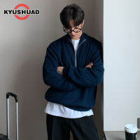 KYUSHUAD คอตั้งหลวมผู้ชายสีทึบเสื้อกันหนาวลำลองซิปอเนกประสงค์