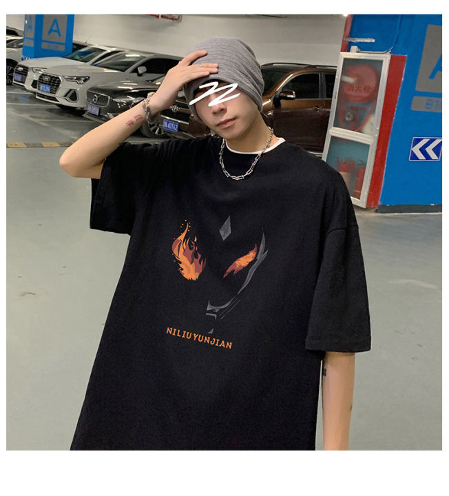 kpm248-european-and-american-style-street-style-short-sleeved-t-shirt-mens-summer-loose-hiphop-trendy-brand-yipi-handsome-fried-street-top-internet-popular-ins-half-sleeved-shirt