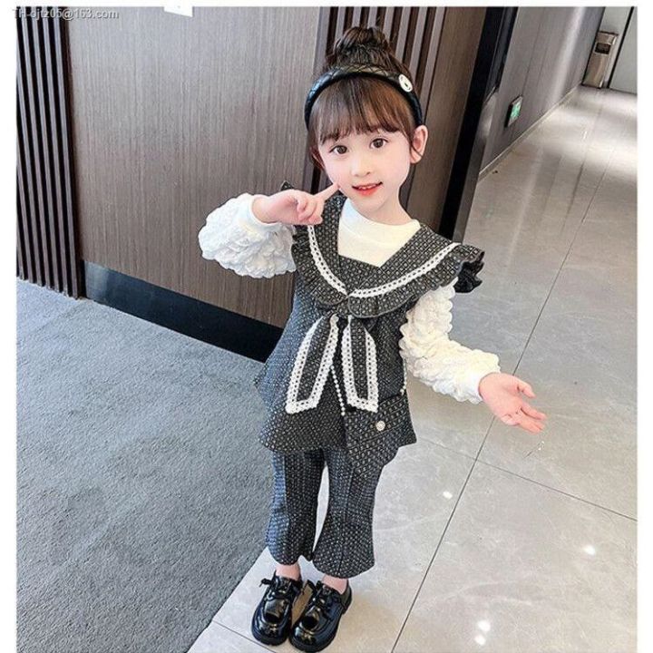 new-female-baby-girl-suits-autumn-lace-bowknot-is-han-edition-children-fashionable-western-style-jacket-lattice-three-piece-suit