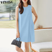 VONDA ชุดผู้หญิงจีบสีพื้นข้างแขนกุดเสื้อยืดคอกลมหรูหรา (ลำลองเกาหลี)