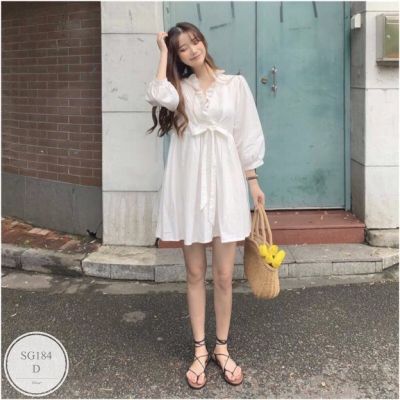 ML184 Dress เดรสคอวีแขนศอก อกไขว้ระบาย แต่งเป็นจีบ เนื้อผ้าไหมอิตาลี่ พริ้วๆใส่สบายเลยค่ะ + สายผูกเอวเก็บทรงชุดค่ะ