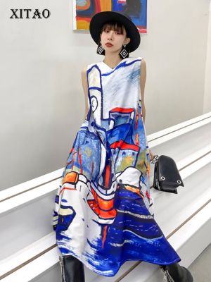 XITAO Vest Dress Contrast Color Print Fashion Temperament Women Sleeveless Vest Dress