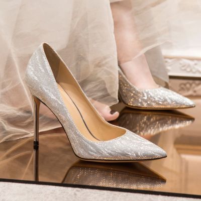 รองเท้าส้นสูง ประดับเลื่อม คริสตัล สีเงิน เหมาะกับงานแต่งงาน สําหรับผู้หญิง เจ้าสาว 2022